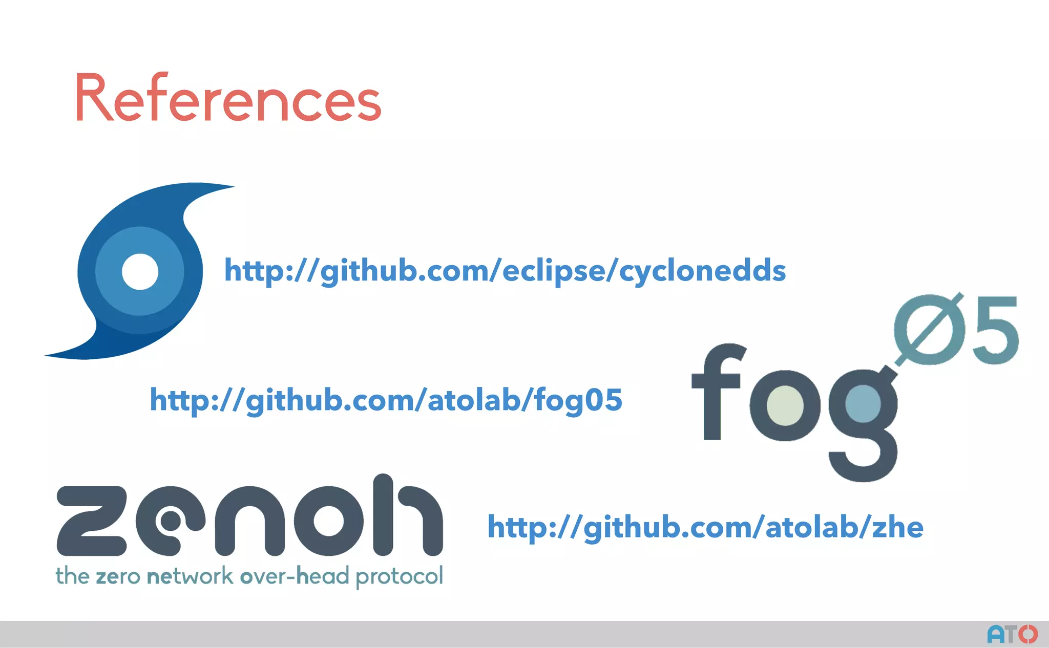AT()
References
http://github.com/eclipse/cyclonedds
http://github.com/atolab/fog05
http://github.com/atolab/zhe
 