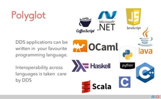 AT()
Polyglot
DDS applications can be
written in your favourite
programming language.
Interoperability across
languages is taken care
by DDS
 