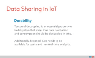 Data Sharing in IoT
Temporal decoupling is an essential property to
build system that scale, thus data production
and consumption should be decoupled in time.
Additionally, historical data needs to be
available for query and non-real-time analytics.
Durability
 