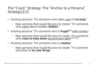 The “Crack” Strategy: The “Anchor to a Persona”
Strategy(2/2)
• Existing persona: “I’m someone who takes care of my body.”
◦ New persona that would be easy to create: “I’m someone
who cares about healthy children.”
• Existing persona: “I’m someone who is frugal절약 with money.”
◦ New persona that would be easy to create: “I’m someone
who votes to keep down government debt정부 부채.”
• Existing persona: “I’m someone who is creative.”
◦ New persona that would be easy to create: “I’m someone
who likes to try new things.”
98
• 출처: The Power of Stories, Weinschenk, Susan, 2013, How to Get People to Do Stuff: Master the art and science of persuasion and motivation, Pearson Education, p56
 