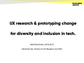 UX research & prototyping change
for diversity and inclusion in tech.
IXDA Stockholm, 2018.05.21

Heidi Harman, Director of UX Research and CEO
 