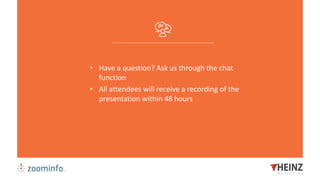 • Have a question? Ask us through the chat
function
• All attendees will receive a recording of the
presentation within 48 hours
 