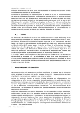 CR Suivi 2017 – Cistude – Avril 2018
36 Poitou-Charentes Nature
Rotengles et de Gardons). De ce fait, il est difficile de mettre en évidence un ou plusieurs facteurs
responsables de la régression de ces populations.
Concernant les déplacements, les différentes phases de chantier et de mise en service ne semblent
pas avoir de conséquences directes sur l’importance des domaines vitaux. En revanche et comme
évoqué plus haut, c’est bien la nature de ces déplacements (plus de départs de l’étang sans retour
que d’arrivée de nouveaux individus) qui pose question après cette nouvelle année de suivi. Le suivi
télémétrique d’un échantillon d’individus semble plaider en faveur d’un phénomène d’émigration
plutôt que d’une mortalité anormalement élevée. Si le phénomène persiste, il pourrait conduire à une
réduction importante de la population de l’étang. Dans l’éventualité où des sessions complémentaires
de CMR auraient lieu d’ici quelques années, il sera important de prévoir de capturer les étangs sur
lesquels les cistudes pourraient se reporter pour évaluer le phénomène de dispersion.
6.2. Clinette
Les données de CMR collectées au cours des trois années de suivi sur la Clinette et les étangs de son
bassin versant sont insuffisantes pour réaliser une estimation fiable des effectifs de cistude sur le site.
En revanche, la comparaison du nombre de captures entre 2006 et 2014 fait apparaître une nette
baisse. Pour rappel, en 2006, 20 individus ont été capturés sur l’étang contre seulement 5 individus
en 2014. En2014 et 2017, aucune capture n’a eu lieu sur l’étang de la Clinette pour des raisons
d’accès. La structure démographique de la population et son sex-ratio sont restés stable entre 2006
et 2014. Cela signifie que la diminution des effectifs concerne toutes les classes d’âges et les deux
sexes. 60% des individus capturés en 2014 sur la Clinette ont été marqués en 2006. Il semble donc
que les individus capturés appartiennent à un reliquat de la population présente en 2006.
Il s’avère que certains individus capturés lors des dernières phases de CMR en 2013 ont été retrouvés
très en amont de la Clinette. Il y a eu probablement un report d’une partie des populations sur
d’autres mares et étangs en amont notamment dans le secteur du « terrier des plantes » et de l’étang
du Maine Jarry. Cette hypothèse serait alors confortée par l’étude des domaines vitaux, supérieurs sur
le bassin versant de la Clinette.
7. Conclusion et Perspectives
La construction d’une LGV engendre une profonde modification du paysage, avec la destruction
directe d’habitats et constitue une barrière physique, limitant les déplacements des animaux,
engendrant la fragmentation des populations pour certaines espèces.
Comme de nombreux Reptiles, la Cistude d’Europe s’organise en métapopulations. Une
métapopulation se définit comme une population structurée spatialement en unités distinctes (sous-
populations) connectées par des mouvements d’individus (dispersion). La dispersion permet ainsi la
connexion des populations vivant dans des habitats favorables (patchs) et séparées par une matrice
qui leur est défavorable. Les sous-populations subissent tour à tour des extinctions locales et des
recolonisations. Les mouvements de dispersion des individus permettent d’assurer l’équilibre entre
extinctions et recolonisations.
Lorsqu’une métapopulation se retrouve fragmentée par une perturbation d’origine anthropique,
comme c’est le cas avec la LGV, les populations peuvent se retrouver isolées les unes des autres,
rendant impossible les déplacements d’individus entre les patchs ou du moins en les diminuant. Le
risque est alors de rompre l’équilibre et d’avoir à terme des extinctions de populations. Le phénomène
de fragmentation a également pour effet, en limitant les déplacements d’individus, de diminuer le
brassage génétique. La conséquence est une diminution de la diversité génétique, qui est une
condition nécessaire pour s’adapter et répondre aux changements environnementaux et ainsi assurer
la viabilité à long terme de l’espèce.
 