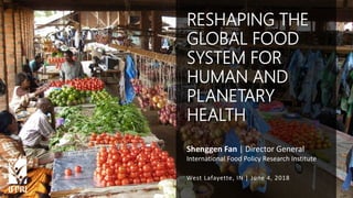 Shenggen Fan, June 2018
Shenggen Fan | Director General
International Food Policy Research Institute
West Lafayette, IN | June 4, 2018
RESHAPING THE
GLOBAL FOOD
SYSTEM FOR
HUMAN AND
PLANETARY
HEALTH
 