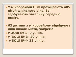  У мікрорайоні НВК проживають 405
дітей шкільного віку. Всі
здобувають загальну середню
освіту.
 62 дитини з мікрорайону відвідують
інші школи міста, зокрема:
 У ЗОШ № 1- 9 учнів,
 у ЗОШ № 3- 20 учнів,
 у ЗОШ №4- 33 учнів.
 