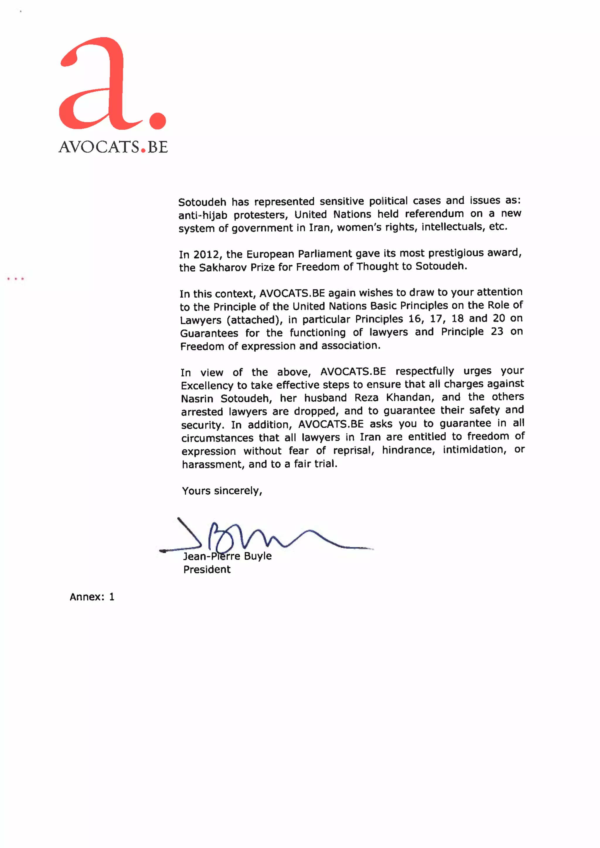 AVOCATS.BE demande la libération de Me Nasrin Sotoudeh