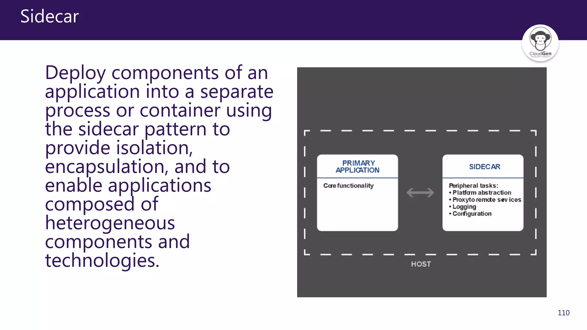 110
Sidecar
Deploy components of an
application into a separate
process or container using
the sidecar pattern to
provide isolation,
encapsulation, and to
enable applications
composed of
heterogeneous
components and
technologies.
 