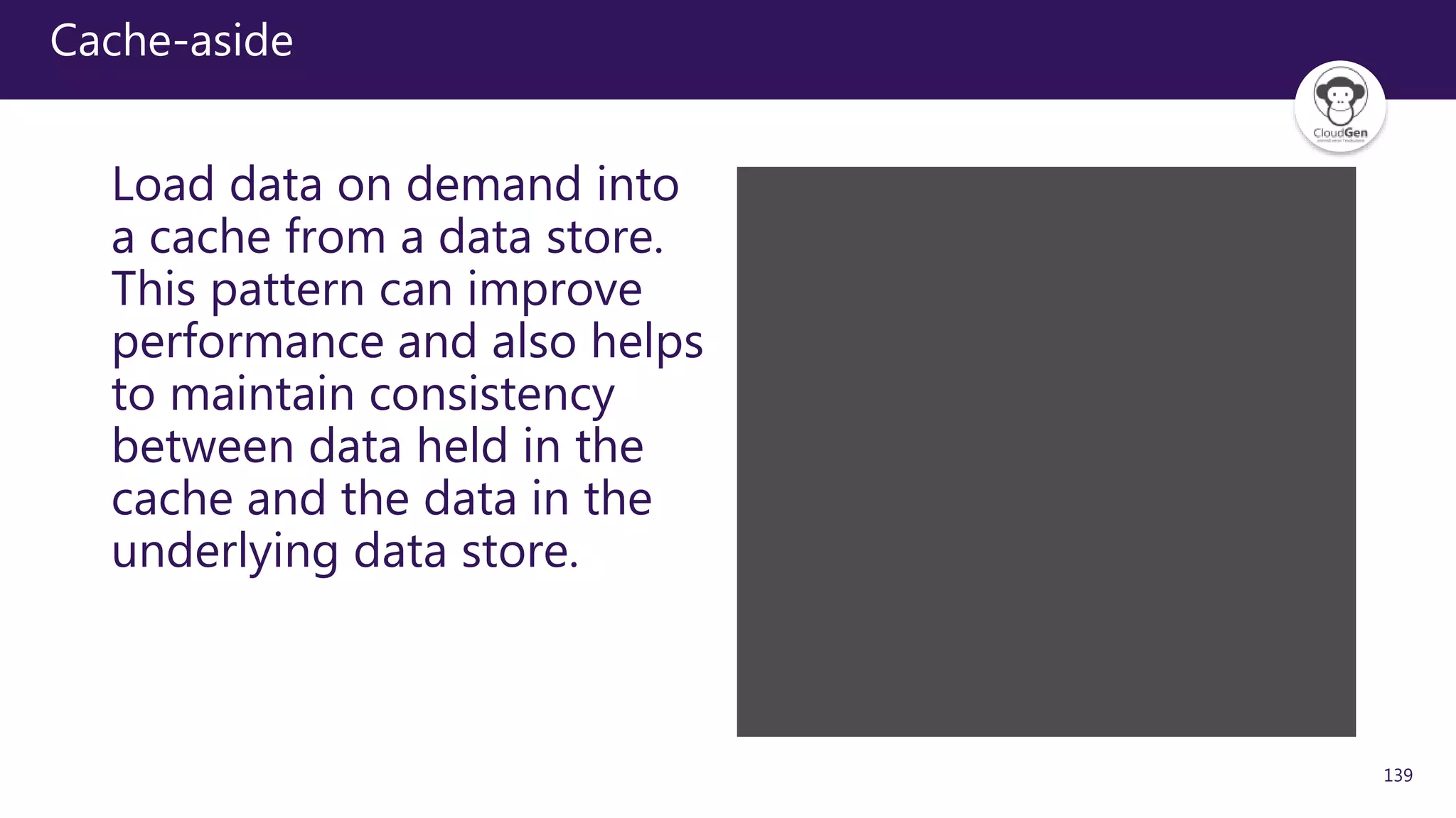 139
Cache-aside
Load data on demand into
a cache from a data store.
This pattern can improve
performance and also helps
to maintain consistency
between data held in the
cache and the data in the
underlying data store.
 