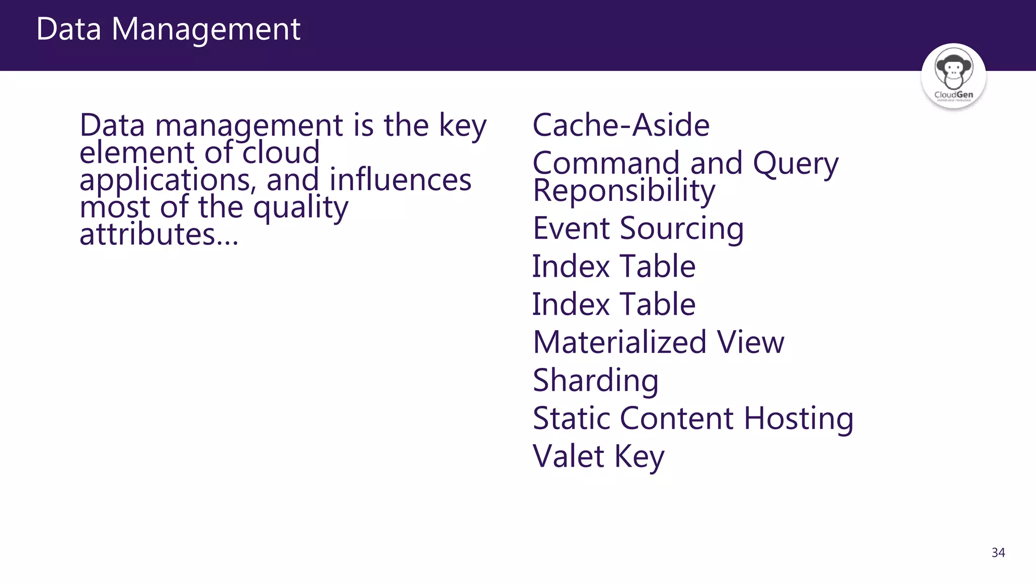 34
Data Management
Data management is the key
element of cloud
applications, and influences
most of the quality
attributes…
Cache-Aside
Command and Query
Reponsibility
Event Sourcing
Index Table
Index Table
Materialized View
Sharding
Static Content Hosting
Valet Key
 