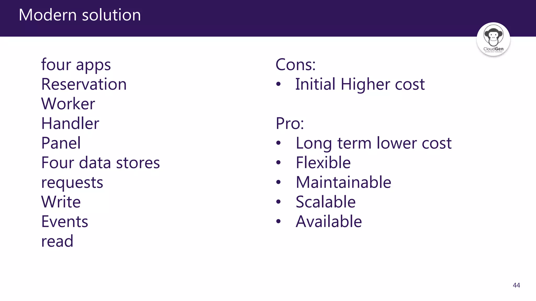 44
Modern solution
four apps
Reservation
Worker
Handler
Panel
Four data stores
requests
Write
Events
read
Cons:
• Initial Higher cost
Pro:
• Long term lower cost
• Flexible
• Maintainable
• Scalable
• Available
 