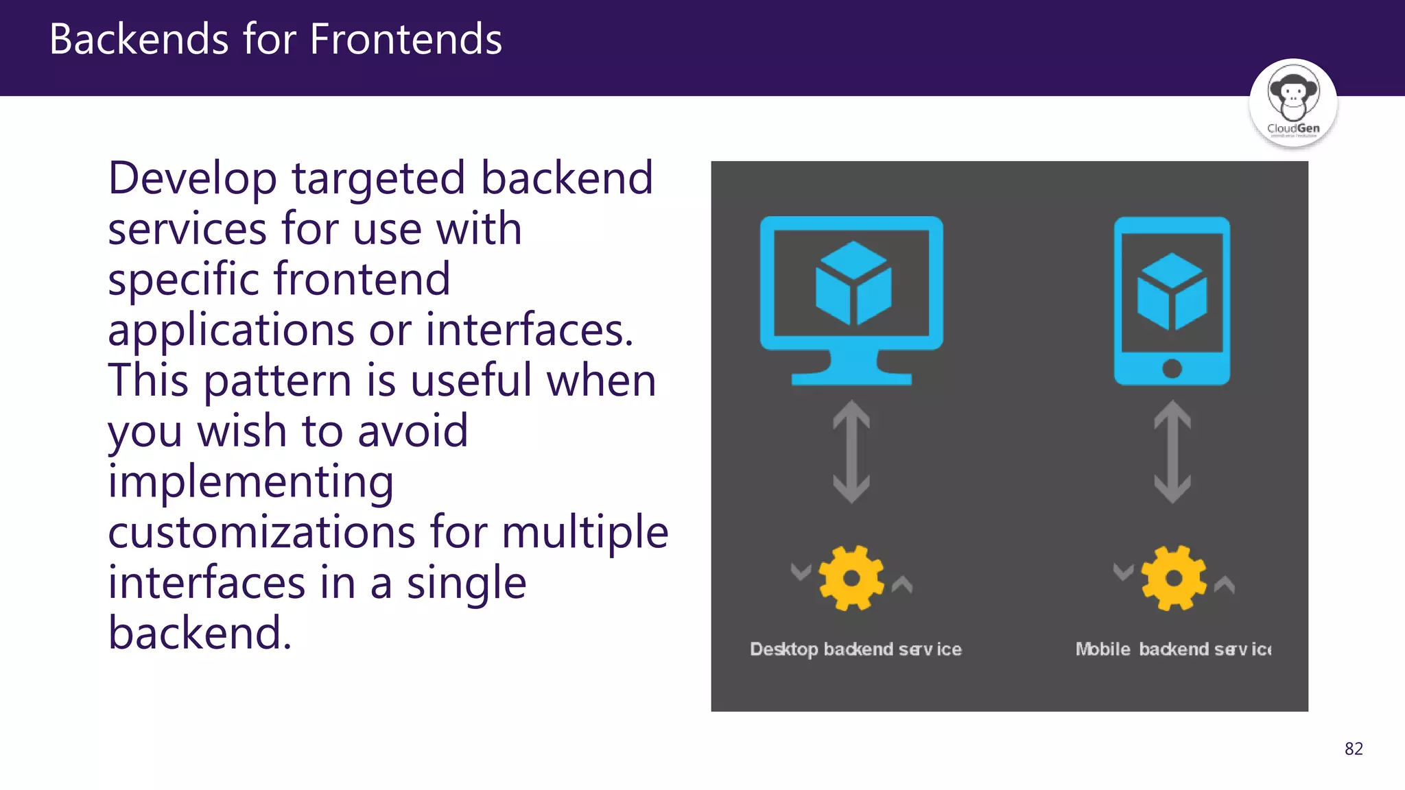 82
Backends for Frontends
Develop targeted backend
services for use with
specific frontend
applications or interfaces.
This pattern is useful when
you wish to avoid
implementing
customizations for multiple
interfaces in a single
backend.
 