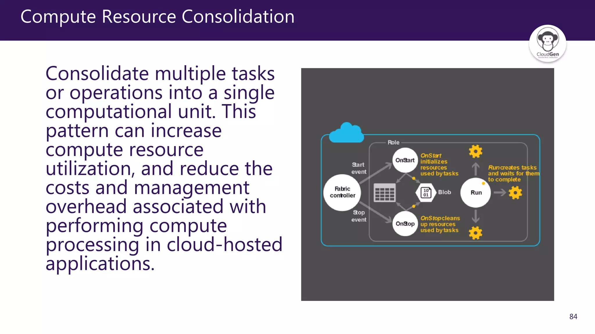 84
Compute Resource Consolidation
Consolidate multiple tasks
or operations into a single
computational unit. This
pattern can increase
compute resource
utilization, and reduce the
costs and management
overhead associated with
performing compute
processing in cloud-hosted
applications.
 