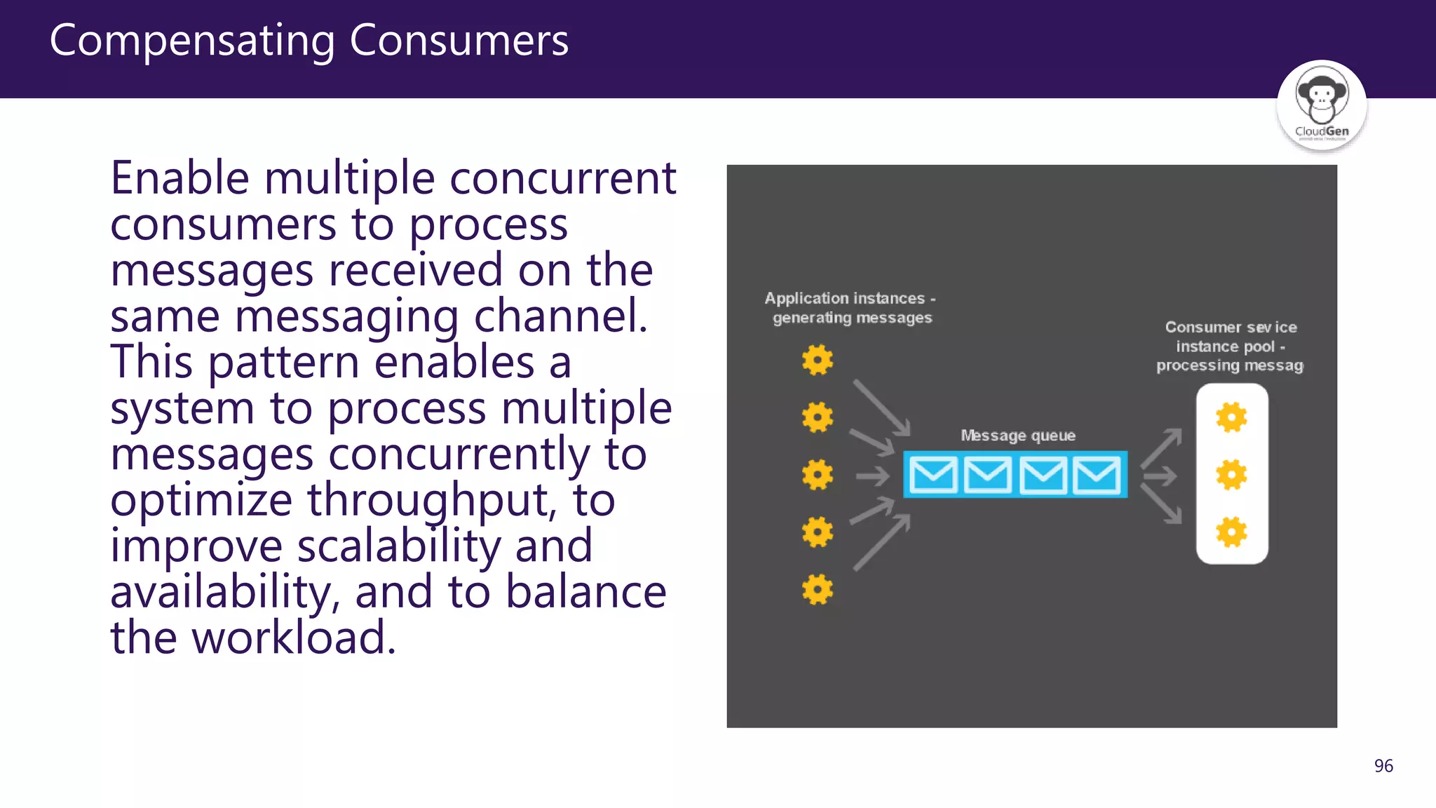 96
Compensating Consumers
Enable multiple concurrent
consumers to process
messages received on the
same messaging channel.
This pattern enables a
system to process multiple
messages concurrently to
optimize throughput, to
improve scalability and
availability, and to balance
the workload.
 