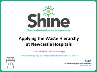 Applying the Waste Hierarchy
at Newcastle Hospitals
Jason Mitchell ~ Waste Manager
Sustainability Day 2019 Newcastle Roadshow ~ 27.09.18
 
