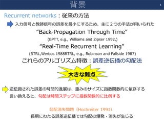 Recurrent networks：従来の⽅法
⼊⼒信号と教師信号の誤差を最⼩にするため、主に２つの⼿法が⽤いられた
“Back-Propagation Through Time”
(BPTT, e.g., Williams and Zipser 1992,)
“Real-Time Recurrent Learning”
(RTRL,Werbos 1988RTRL, e.g., Robinson and Fallside 1987)
これらのアルゴリズム特徴：誤差逆伝播の勾配法
⼤きな難点
逆伝搬された誤差の時間的進展は、重みのサイズに指数関数的に依存する
⾔い換えると、勾配は時間ステップに指数関数的に⽐例する
勾配消失問題（Hochreiter 1991）
⻑期にわたる誤差逆伝播では勾配の爆発・消失が⽣じる
3
背景
 