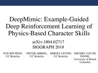 DeepMimic: Example-Guided
Deep Reinforcement Learning of
Physics-Based Character Skills
XUE BIN PENG,
UC Berkeley
PIETER ABBEEL,
UC Berkeley
SERGEY LEVINE,
UC Berkeley
MICHIEL VAN DE
PANNE,
University of British
Columbia
arXiv:1804.02717
SIGGRAPH 2018
 