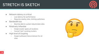 18
● Network latency is critical
○ Low latency for performance
○ Requires nearby sites, limiting usefulness
● Bandwidth too
○ Must be able to sustain rebuild data rates
● Relatively inflexible
○ Single cluster spans all locations
○ Cannot “join” existing clusters
● High level of coupling
○ Single (software) failure domain for all
sites
STRETCH IS SKETCH
 