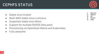 24
● Stable since Kraken
● Multi-MDS stable since Luminous
● Snapshots stable since Mimic
● Support for multiple RADOS data pools
● Provisioning via OpenStack Manila and Kubernetes
● Fully awesome
CEPHFS STATUS
✓ Multi-tier
❏ Mobility
❏ DR
❏ Stretch
❏ Edge
 