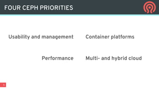 5
FOUR CEPH PRIORITIES
Usability and management
Performance
Container platforms
Multi- and hybrid cloud
 