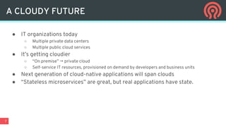 7
A CLOUDY FUTURE
● IT organizations today
○ Multiple private data centers
○ Multiple public cloud services
● It’s getting cloudier
○ “On premise” → private cloud
○ Self-service IT resources, provisioned on demand by developers and business units
● Next generation of cloud-native applications will span clouds
● “Stateless microservices” are great, but real applications have state.
 