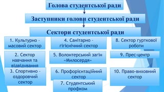 Голова студентської ради
Заступники голови студентської ради
Сектори студентської ради
1. Культурно –
масовий сектор
9. Прес-центр2. Сектор
навчання та
відвідування
3. Спортивно –
оздоровчий
сектор
4. Санітарно –
гігієнічний сектор
5. Волонтерський загін
«Милосердя»
6. Профорієнтаційний
сектор
7. Студентський
профком
8. Сектор гурткової
роботи
10. Право-виховний
сектор
 