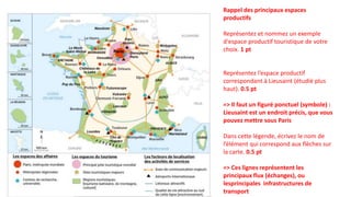 Rappel des principaux espaces
productifs
Représentez et nommez un exemple
d'espace productif touristique de votre
choix. 1 pt
Représentez l’espace productif
correspondant à Lieusaint (étudié plus
haut). 0.5 pt
=> Il faut un figuré ponctuel (symbole) :
Lieusaint est un endroit précis, que vous
pouvez mettre sous Paris
Dans cette légende, écrivez le nom de
l’élément qui correspond aux flèches sur
la carte. 0.5 pt
=> Ces lignes représentent les
principaux flux (échanges), ou
lesprincipales infrastructures de
transport
 