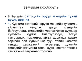 ЗӨРЧЛИЙН ТУХАЙ ХУУЛЬ
• 6.11-р зүйл: сэтгэцийн эрүүл мэндийн тухай
хууль зөрчих
• 1. Хүн амд сэтгэцийн эрүүл мэндийн тусламж,
үйлчилгээ үзүүлэх эрүүл мэндийн
байгууллага, эмнэлгийн мэргэжилтэн хуулиар
хүлээсэн үүргээ биелүүлээгүй, эсхүл
тусгаарлах, номхотгох аргыг хэрэглэх журам
зөрчсөн бол хүнийг нэг зуун тавин нэгжтэй
тэнцэх хэмжээний төгрөгөөр, хуулийн
этгээдийг нэг мянга таван зуун нэгжтэй тэнцэх
хэмжээний төгрөгөөр торгоно.
 