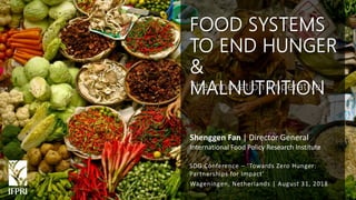 Shenggen Fan, August 2018
Shenggen Fan | Director General
International Food Policy Research Institute
Wageningen, Netherlands | August 31, 2018
FOOD SYSTEMS
TO END HUNGER
&
MALNUTRITION
SDG Conference – ‘Towards Zero Hunger:
Partnerships for Impact’
The Innovation Imperative
 