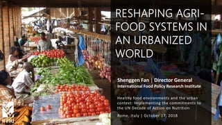 Shenggen Fan, October 2018
Shenggen Fan | Director General
International Food Policy Research Institute
Rome, Italy | October 17, 2018
RESHAPING AGRI-
FOOD SYSTEMS IN
AN URBANIZED
WORLD
Healthy food environments and the urban
context: Implementing the commitments to
the UN Decade of Action on Nutrition
 