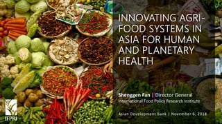 Shenggen Fan, November 2018
Shenggen Fan | Director General
International Food Policy Research Institute
Asian Development Bank | November 6, 2018
INNOVATING AGRI-
FOOD SYSTEMS IN
ASIA FOR HUMAN
AND PLANETARY
HEALTH
 