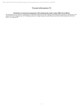 12
NEXT GEN FILMS PRIVATE LIMITED Standalone Financial Statements for period 01/04/2017 to 31/03/2018
Textual information (7)
Particulars of contracts/arrangements with related parties under section 188(1) [Text Block]
The particulars of every contract or arrangements or transaction entered into by the Company with related parties referred to in sub-section (1) of
section 188 of the Companies Act, 2013 including certain arm’s length transactions under third proviso thereto shall be disclosed in Form No.
AOC-2 As “Annexure II”
 