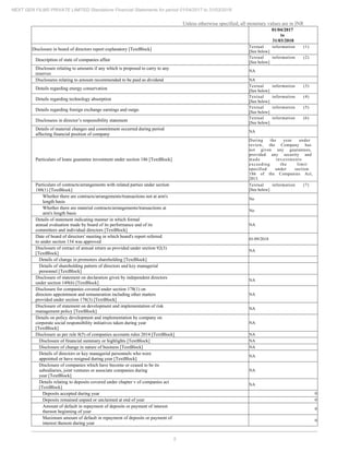 5
NEXT GEN FILMS PRIVATE LIMITED Standalone Financial Statements for period 01/04/2017 to 31/03/2018
Unless otherwise specified, all monetary values are in INR
01/04/2017
to
31/03/2018
Disclosure in board of directors report explanatory [TextBlock]
Textual information (1)
[See below]
Description of state of companies affair
Textual information (2)
[See below]
Disclosure relating to amounts if any which is proposed to carry to any
reserves
NA
Disclosures relating to amount recommended to be paid as dividend NA
Details regarding energy conservation
Textual information (3)
[See below]
Details regarding technology absorption
Textual information (4)
[See below]
Details regarding foreign exchange earnings and outgo
Textual information (5)
[See below]
Disclosures in director’s responsibility statement
Textual information (6)
[See below]
Details of material changes and commitment occurred during period
affecting financial position of company
NA
Particulars of loans guarantee investment under section 186 [TextBlock]
During the year under
review, the Company has
not given any guarantees,
provided any security and
made investments
exceeding the limit
specified under section
186 of the Companies Act,
2013.
Particulars of contracts/arrangements with related parties under section
188(1) [TextBlock]
Textual information (7)
[See below]
Whether there are contracts/arrangements/transactions not at arm's
length basis
No
Whether there are material contracts/arrangements/transactions at
arm's length basis
No
Details of statement indicating manner in which formal
annual evaluation made by board of its performance and of its
committees and individual directors [TextBlock]
NA
Date of board of directors' meeting in which board's report referred
to under section 134 was approved
01/09/2018
Disclosure of extract of annual return as provided under section 92(3)
[TextBlock]
NA
Details of change in promoters shareholding [TextBlock]
Details of shareholding pattern of directors and key managerial
personnel [TextBlock]
Disclosure of statement on declaration given by independent directors
under section 149(6) [TextBlock]
NA
Disclosure for companies covered under section 178(1) on
directors appointment and remuneration including other matters
provided under section 178(3) [TextBlock]
NA
Disclosure of statement on development and implementation of risk
management policy [TextBlock]
NA
Details on policy development and implementation by company on
corporate social responsibility initiatives taken during year
[TextBlock]
NA
Disclosure as per rule 8(5) of companies accounts rules 2014 [TextBlock] NA
Disclosure of financial summary or highlights [TextBlock] NA
Disclosure of change in nature of business [TextBlock] NA
Details of directors or key managerial personnels who were
appointed or have resigned during year [TextBlock]
NA
Disclosure of companies which have become or ceased to be its
subsidiaries, joint ventures or associate companies during
year [TextBlock]
NA
Details relating to deposits covered under chapter v of companies act
[TextBlock]
NA
Deposits accepted during year 0
Deposits remained unpaid or unclaimed at end of year 0
Amount of default in repayment of deposits or payment of interest
thereon beginning of year
0
Maximum amount of default in repayment of deposits or payment of
interest thereon during year
0
 