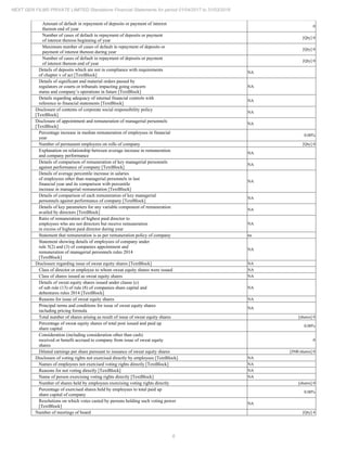 6
NEXT GEN FILMS PRIVATE LIMITED Standalone Financial Statements for period 01/04/2017 to 31/03/2018
Amount of default in repayment of deposits or payment of interest
thereon end of year
0
Number of cases of default in repayment of deposits or payment
of interest thereon beginning of year
[Qty] 0
Maximum number of cases of default in repayment of deposits or
payment of interest thereon during year
[Qty] 0
Number of cases of default in repayment of deposits or payment
of interest thereon end of year
[Qty] 0
Details of deposits which are not in compliance with requirements
of chapter v of act [TextBlock]
NA
Details of significant and material orders passed by
regulators or courts or tribunals impacting going concern
status and company’s operations in future [TextBlock]
NA
Details regarding adequacy of internal financial controls with
reference to financial statements [TextBlock]
NA
Disclosure of contents of corporate social responsibility policy
[TextBlock]
NA
Disclosure of appointment and remuneration of managerial personnels
[TextBlock]
NA
Percentage increase in median remuneration of employees in financial
year
0.00%
Number of permanent employees on rolls of company [Qty] 0
Explanation on relationship between average increase in remuneration
and company performance
NA
Details of comparison of remuneration of key managerial personnels
against performance of company [TextBlock]
NA
Details of average percentile increase in salaries
of employees other than managerial personnels in last
financial year and its comparison with percentile
increase in managerial remuneration [TextBlock]
NA
Details of comparison of each remuneration of key managerial
personnels against performance of company [TextBlock]
NA
Details of key parameters for any variable component of remuneration
availed by directors [TextBlock]
NA
Ratio of remuneration of highest paid director to
employees who are not directors but receive remuneration
in excess of highest paid director during year
NA
Statement that remuneration is as per remuneration policy of company na
Statement showing details of employees of company under
rule 5(2) and (3) of companies appointment and
remuneration of managerial personnels rules 2014
[TextBlock]
NA
Disclosure regarding issue of sweat equity shares [TextBlock] NA
Class of director or employee to whom sweat equity shares were issued NA
Class of shares issued as sweat equity shares NA
Details of sweat equity shares issued under clause (c)
of sub rule (13) of rule (8) of companies share capital and
debentures rules 2014 [TextBlock]
NA
Reasons for issue of sweat equity shares NA
Principal terms and conditions for issue of sweat equity shares
including pricing formula
NA
Total number of shares arising as result of issue of sweat equity shares [shares] 0
Percentage of sweat equity shares of total post issued and paid up
share capital
0.00%
Consideration (including consideration other than cash)
received or benefit accrued to company from issue of sweat equity
shares
0
Diluted earnings per share pursuant to issuance of sweat equity shares [INR/shares] 0
Disclosure of voting rights not exercised directly by employees [TextBlock] NA
Names of employees not exercised voting rights directly [TextBlock] NA
Reasons for not voting directly [TextBlock] NA
Name of person exercising voting rights directly [TextBlock] NA
Number of shares held by employees exercising voting rights directly [shares] 0
Percentage of exercised shares held by employees to total paid up
share capital of company
0.00%
Resolutions on which votes casted by persons holding such voting power
[TextBlock]
NA
Number of meetings of board [Qty] 4
 