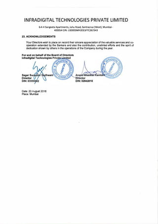 INFRADIGITAL TECHNOLOGIES PRIVATE LIMITED
6-A 4 Sangeeta Apartments, Juhu Road, Santracruz (West), Mumbai -
400054 CIN: U30005MH2015FTC267343
23. ACKNOWLEDGEMENTS
Your Directors wish to place on record their sincere appreciation of the valuable services and co­
operation extended by the Bankers and also the contribution, unstinted efforts and the spirit of
dedication shown by others in the operations of the Company during the year.
Sagar Sur
Director
DIN: 03559
Date: 20 August 2018
Place: Mumbai
 