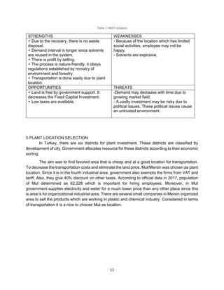 11
Table 1 SWOT analysis
STRENGTHS WEAKNESSES
+ Due to the recovery, there is no waste
disposal.
+ Demand interval is longer since solvents
are reused in the system.
+ There is profit by selling.
+ The process is nature-friendly, it obeys
regulations established by ministry of
environment and forestry.
+ Transportation is done easily due to plant
location.
- Because of the location which has limited
social activities, employee may not be
happy.
- Solvents are explosive.
OPPORTUNITIES THREATS
+ Land is free by government support. It
decreases the Fixed Capital Investment.
+ Low taxes are available.
-Demand may decrease with time due to
growing market field.
- A costly investment may be risky due to
political issues. These political issues cause
an untrusted environment.
5 PLANT LOCATION SELECTION
In Turkey, there are six districts for plant investment. These districts are classified by
development of city. Government allocates resource for these districts according to their economic
sorting.
The aim was to find favored area that is cheap and at a good location for transportation.
To decrease the transportation costs and eliminate the land price, Mut/Mersin was chosen as plant
location. Since it is in the fourth industrial area, government also exempts the firms from VAT and
tariff. Also, they give 40% discount on other taxes. According to official data in 2017, population
of Mut determined as 62,228 which is important for hiring employees. Moreover, in Mut
government supplies electricity and water for a much lower price than any other place since this
is area is for organizational industrial area. There are several small companies in Mersin organized
area to sell the products which are working in plastic and chemical industry. Considered in terms
of transportation it is a nice to choose Mut as location.
 