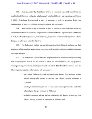 29
117. As is evidenced by Defendants’ actions in sending a cease and desist letter and
email to SmileDirect as well as the telephone call with SmileDirect’s representatives on October
9, 2018, Defendants demonstrated a unity of purpose, as well as common design and
understanding, to reduce or eliminate competition in the relevant market.
118. As is evidenced by Defendants’ actions in sending a cease and desist letter and
email to SmileDirect as well as the telephone call with SmileDirect’s representatives on October
9, 2018, the Defendants possessed, and still possess, a conscious commitment to a common scheme
designed to achieve an unlawful objective.
119. The Defendants include six practicing dentists in the State of Alabama and their
actions therefore constitute a continuing agreement, understanding, and concert of action among
market participants.
120. The Defendants’ actions have the purpose and effect of unreasonably restraining
trade in the relevant market, the net effects of which are anticompetitive, and any purported
procompetitive justifications are illegitimate and pretextual. The Defendants’ actions have the
following anticompetitive effects in the relevant market:
• preventing Alabama-licensed but out-of-state dentists from utilizing in-state
digital photographs needed to provide clear aligner therapy treatment in
Alabama;
• creating barriers to entry for out-of-state dentists seeking to enter the market for
clear aligner therapy treatment in Alabama;
• reducing consumer choice and the availability of dentists to provide clear
aligner therapy treatment to consumers in Alabama; and
Case 2:18-cv-01679-RDP Document 1 Filed 10/12/18 Page 29 of 46
 