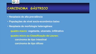 CARCINOMA GÁSTRICO
• Neoplasia de alta prevalência
• Populações de nível socio-econômico baixo
• Neoplasia de morfologia heterogênea:
quadro macro: vegetante, ulcerado, infiltrativo
quadro micro ou Classificação de Láuren;
carcinoma de tipo intestinal
carcinoma de tipo difuso
 
