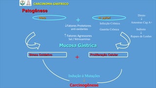 Fatores Protetores
anti-oxidantes
 Fatores Agressores
Sal / Nitrosaminas
Dieta H. pylori
+
CARCINOMA GÁSTRICO
Patogênese
Mucosa Gástrica
Infecção Crônica
Gastrite Crônica
Stress Oxidativo Proliferação Celular
+
Indireto

Reparo de Lesões
Direto

Amostras Cag A+
Indução à Mutações

Carcinogênese
 