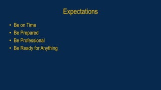 Expectations
• Be on Time
• Be Prepared
• Be Professional
• Be Ready for Anything
 