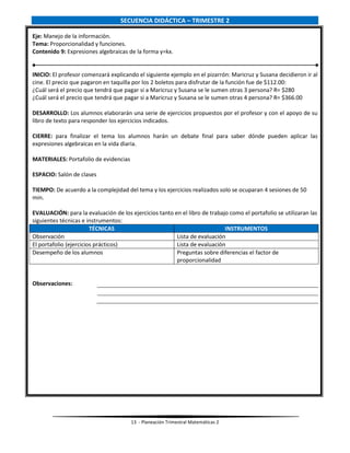 13 - Planeación Trimestral Matemáticas 2
SECUENCIA DIDÁCTICA – TRIMESTRE 2
Eje: Manejo de la información.
Tema: Proporcionalidad y funciones.
Contenido 9: Expresiones algebraicas de la forma y=kx.
INICIO: El profesor comenzará explicando el siguiente ejemplo en el pizarrón: Maricruz y Susana decidieron ir al
cine. El precio que pagaron en taquilla por los 2 boletos para disfrutar de la función fue de $112.00:
¿Cuál será el precio que tendrá que pagar si a Maricruz y Susana se le sumen otras 3 persona? R= $280
¿Cuál será el precio que tendrá que pagar si a Maricruz y Susana se le sumen otras 4 persona? R= $366.00
DESARROLLO: Los alumnos elaborarán una serie de ejercicios propuestos por el profesor y con el apoyo de su
libro de texto para responder los ejercicios indicados.
CIERRE: para finalizar el tema los alumnos harán un debate final para saber dónde pueden aplicar las
expresiones algebraicas en la vida diaria.
MATERIALES: Portafolio de evidencias
ESPACIO: Salón de clases
TIEMPO: De acuerdo a la complejidad del tema y los ejercicios realizados solo se ocuparan 4 sesiones de 50
min.
EVALUACIÓN: para la evaluación de los ejercicios tanto en el libro de trabajo como el portafolio se utilizaran las
siguientes técnicas e instrumentos:
TÉCNICAS INSTRUMENTOS
Observación Lista de evaluación
El portafolio (ejercicios prácticos) Lista de evaluación
Desempeño de los alumnos Preguntas sobre diferencias el factor de
proporcionalidad
Observaciones:
 