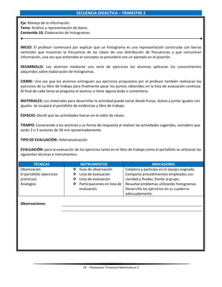14 - Planeación Trimestral Matemáticas 2
SECUENCIA DIDÁCTICA – TRIMESTRE 2
Eje: Manejo de la información.
Tema: Análisis y representación de datos.
Contenido 10: Elaboración de histogramas.
INICIO: El profesor comenzará por explicar que un histograma es una representación construida con barras
verticales que muestran la frecuencia de las clases de una distribución de frecuencias y que comunican
información, una vez que entiendan el concepto se procederá con un ejemplo en el pizarrón.
DESARROLLO: Los alumnos mediante una serie de ejercicios los alumnos aplicaran los conocimientos
adquiridos sobre elaboración de histogramas.
CIERRE: Una vez que los alumnos entreguen sus ejercicios propuestos por el profesor también realizaran los
ejercicios de su libro de trabajo para finalmente pasar los puntos obtenidos en la lista de evaluación continua.
Al final de cada tema se pregunta al alumno si tiene alguna duda o comentario.
MATERIALES: Los materiales para desarrollar la actividad puede variar desde frutas, dulces y juntar iguales con
iguales. Se ocupará el portafolio de evidencias y libro de trabajo.
ESPACIO: Decidí que las actividades fueran en el salón de clases.
TIEMPO: Conociendo a los alumnos y su forma de respuesta al realizar las actividades sugeridas, considero que
serán 2 o 3 sesiones de 50 min aproximadamente.
TIPO DE EVALUACIÓN: Heteroevaluación
EVALUACIÓN: para la evaluación de los ejercicios tanto en el libro de trabajo como el portafolio se utilizaran las
siguientes técnicas e instrumentos:
TÉCNICAS INSTRUMENTOS INDICADORES
Observación
El portafolio (ejercicios
prácticos)
Analogías
 Guía de observación
 Lista de evaluación
 Lista de evaluación
 Participaciones en lista de
evaluación.
Colabora y participa en el equipo asignado.
Comparte procedimientos empleados con
claridad y fluidez, frente al grupo.
Resuelve problemas utilizando histogramas.
Desarrolla los ejercicios en su cuaderno
adecuadamente.
Observaciones:
 