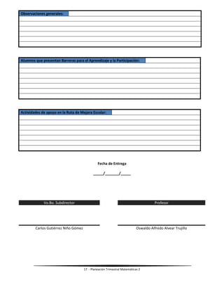 17 - Planeación Trimestral Matemáticas 2
Observaciones generales:
Alumnos que presentan Barreras para el Aprendizaje y la Participación:
Actividades de apoyo en la Ruta de Mejora Escolar:
Fecha de Entrega
_____/_______/_____
Vo.Bo. Subdirector Profesor
Carlos Gutiérrez Niño Gómez Oswaldo Alfredo Alvear Trujillo
 