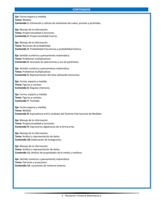 4 - Planeación Trimestral Matemáticas 2
CONTENIDOS
Eje: Forma espacio y medida.
Tema: Medida.
Contenido 1: Estimación y cálculo de volúmenes de cubos, prismas y pirámides.
Eje: Manejo de la información.
Tema: Proporcionalidad y funciones.
Contenido 2: Proporcionalidad inversa.
Eje: Manejo de la información.
Tema: Nociones de probabilidad.
Contenido 3: Probabilidad frecuencias y probabilidad teórica.
Eje: Sentido numérico y pensamiento matemático.
Tema: Problemas multiplicativos.
Contenido 4: Jerarquía de operaciones y uso de paréntesis.
Eje: Sentido numérico y pensamiento matemático
Tema: Problemas multiplicativos
Contenido 5: Representación del área utilizando monomios.
Eje: Forma, espacio y medida
Tema: Figuras y cuerpos
Contenido 6: Ángulos interiores.
Eje: Forma, espacio y medida.
Tema: Figuras y cuerpos.
Contenido 7: Teselado
Eje: Forma espacio y medida.
Tema: Medida.
Contenido 8: Equivalencia entre unidades del Sistema Internacional de Medidas
Eje: Manejo de la información.
Tema: Proporcionalidad y funciones.
Contenido 9: Expresiones algebraicas de la forma y=kx.
Eje: Manejo de la información.
Tema: Análisis y representación de datos.
Contenido 10: Elaboración de histogramas.
Eje: Manejo de la información.
Tema: Análisis y representación de datos.
Contenido 11: Análisis de propiedades de la media y mediana.
Eje: Sentido numérico y pensamiento matemático.
Tema: Patrones y ecuaciones.
Contenido 12: sucesiones de números enteros.
 