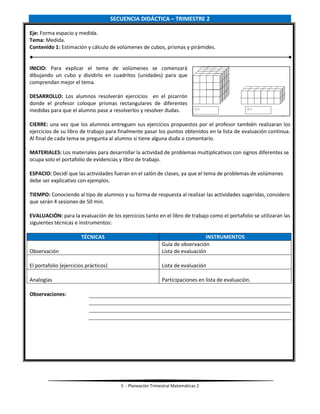 5 - Planeación Trimestral Matemáticas 2
SECUENCIA DIDÁCTICA – TRIMESTRE 2
Eje: Forma espacio y medida.
Tema: Medida.
Contenido 1: Estimación y cálculo de volúmenes de cubos, prismas y pirámides.
INICIO: Para explicar el tema de volúmenes se comenzará
dibujando un cubo y dividirlo en cuadritos (unidades) para que
comprendan mejor el tema.
DESARROLLO: Los alumnos resolverán ejercicios en el pizarrón
donde el profesor coloque prismas rectangulares de diferentes
medidas para que el alumno pase a resolverlos y resolver dudas.
CIERRE: una vez que los alumnos entreguen sus ejercicios propuestos por el profesor también realizaran los
ejercicios de su libro de trabajo para finalmente pasar los puntos obtenidos en la lista de evaluación continua.
Al final de cada tema se pregunta al alumno si tiene alguna duda o comentario.
MATERIALES: Los materiales para desarrollar la actividad de problemas multiplicativos con signos diferentes se
ocupa solo el portafolio de evidencias y libro de trabajo.
ESPACIO: Decidí que las actividades fueran en el salón de clases, ya que el tema de problemas de volúmenes
debe ser explicativo con ejemplos.
TIEMPO: Conociendo al tipo de alumnos y su forma de respuesta al realizar las actividades sugeridas, considero
que serán 4 sesiones de 50 min.
EVALUACIÓN: para la evaluación de los ejercicios tanto en el libro de trabajo como el portafolio se utilizaran las
siguientes técnicas e instrumentos:
TÉCNICAS INSTRUMENTOS
Observación
Guía de observación
Lista de evaluación
El portafolio (ejercicios prácticos) Lista de evaluación
Analogías Participaciones en lista de evaluación.
Observaciones:
 