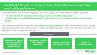 Page 7Confidential Property of Schneider Electric |
The Planet & Society barometer, an innovating tool to measure and drive
sustainability performance
So an index…
Schneider Electric launched its sustainability approach in 2002. We were then faced with two questions:
• How to mobilize the corporate community around sustainability objectives?
• How to report to our stakeholders regularly and in summary form on the initiatives taken in these
fields?
The response we found was to create the Planet & Society barometer in 2005: a composite indicator updated
every quarter, rendered as a score out of 10, and as a performance display panel. We upgrade it by adapting the
indicators to new challenges every 3 years.
Providing an overall
measure of Group
improvement in
sustainability
Comprising our key
sustainability
objectives
Annually audited by
an external party
Linked to
compensation
 
