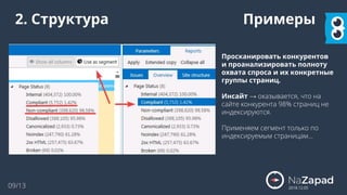 2018.12.05
2. Структура
Просканировать конкурентов
и проанализировать полноту
охвата спроса и их конкретные
группы страниц.
Инсайт → оказывается, что на
сайте конкурента 98% страниц не
индексируются.
Применяем сегмент только по
индексируемым страницам...
Примеры
09/13
 