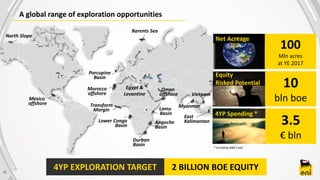 2 BILLION BOE EQUITY
A global range of exploration opportunities
Eninet
acreage|
sqkm
Transform
Margin
Barents Sea
North Slope
Angoche
Basin
Mexico
offshore
Egypt &
Levantine
Lower Congo
Basin
Oman
offshore
Lamu
Basin
Durban
Basin
East
Kalimantan
Vietnam
Myanmar
100
Mln acres
at YE 2017
Net Acreage
10
bln boe
3.5
€ bln
Equity
Risked Potential
4YP Spending *
Morocco
offshore
Porcupine
Basin
* Including G&G costs
11
4YP EXPLORATION TARGET
 