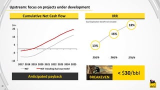 30
Upstream: focus on projects under development
$50/b $60/b $70/b
13%
16%
18%
< $30/bbl
BREAKEVEN
$bln
Anticipated payback
Dual Exploration benefit not included
Cumulative Net Cash flow IRR
-15
-5
5
15
25
2017 2018 2019 2020 2021 2022 2023 2024 2025
NCF NCF including dual exp model
 