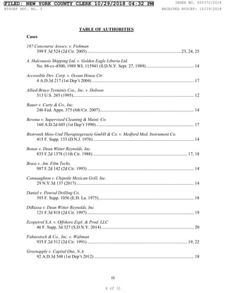 iii
TABLE OF AUTHORITIES
Cases
187 Concourse Assocs. v. Fishman
399 F.3d 524 (2d Cir. 2005) .................................................................................... 23, 24, 25
A. Halcoussis Shipping Ltd. v. Golden Eagle Liberia Ltd.
No. 88-cv-4500, 1989 WL 115941 (S.D.N.Y. Sept. 27, 1989) ........................................... 14
Accessible Dev. Corp. v. Ocean House Ctr.
4 A.D.3d 217 (1st Dep’t 2004) ............................................................................................ 17
Allied-Bruce Terminix Cos., Inc. v. Dobson
513 U.S. 265 (1995)............................................................................................................. 12
Bauer v. Carty & Co., Inc.
246 Fed. Appx. 375 (6th Cir. 2007)..................................................................................... 14
Bevona v. Supervised Cleaning & Maint. Co.
160 A.D.2d 605 (1st Dep’t 1990) ........................................................................................ 17
Biotronik Mess-Und Therapiegeraete GmbH & Co. v. Medford Med. Instrument Co.
415 F. Supp. 133 (D.N.J. 1976)........................................................................................... 14
Bonar v. Dean Witter Reynolds, Inc.
835 F.2d 1378 (11th Cir. 1988) ..................................................................................... 17, 18
Brass v. Am. Film Techs.
987 F.2d 142 (2d Cir. 1993) ................................................................................................ 14
Connaughton v. Chipotle Mexican Grill, Inc.
29 N.Y.3d 137 (2017).......................................................................................................... 14
Daniel v. Penrod Drilling Co.
393 F. Supp. 1056 (E.D. La. 1975)...................................................................................... 18
DiRussa v. Dean Witter Reynolds, Inc.
121 F.3d 818 (2d Cir. 1997) ................................................................................................ 19
Ecopetrol S.A. v. Offshore Expl. & Prod. LLC
46 F. Supp. 3d 327 (S.D.N.Y. 2014) ................................................................................... 20
Fahnestock & Co., Inc. v. Waltman
935 F.2d 512 (2d Cir. 1991) .......................................................................................... 19, 22
Greenapple v. Capital One, N.A.
92 A.D.3d 548 (1st Dep’t 2012) .......................................................................................... 18
FILED: NEW YORK COUNTY CLERK 10/29/2018 04:32 PM INDEX NO. 655372/2018
NYSCEF DOC. NO. 3 RECEIVED NYSCEF: 10/29/2018
4 of 31
 