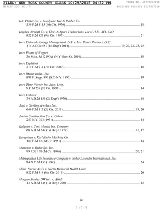 iv
HK. Porter Co. v. Goodyear Tire & Rubber Co.
536 F.2d 1115 (6th Cir. 1976) ............................................................................................. 18
Hughes Aircraft Co. v. Elec. & Space Technicians, Local 1553, AFL-CIO
822 F.2d 823 (9th Cir. 1987) ............................................................................................... 21
In re Colorado Energy Management, LLC v. Lea Power Partners, LLC
114 A.D.3d 561 (1st Dep’t 2014) ................................................................ 19, 20, 22, 23, 25
In re Estate of Wagner
36 Misc. 3d 1219(A) (N.Y. Surr. Ct. 2010)......................................................................... 18
In re Lightfoot
217 F.3d 914 (7th Cir. 2000) ............................................................................................... 18
In re Melun Indus., Inc.
898 F. Supp. 990 (S.D.N.Y. 1990) ...................................................................................... 19
In re Time Warner Inc. Secs. Litig.
9 F.3d 259 (2d Cir. 1993) .................................................................................................... 14
In re Ushkow
34 A.D.2d 159 (2d Dep’t 1970)........................................................................................... 18
Jock v. Sterling Jewelers Inc.
646 F.3d 113 (2d Cir. 2011) .......................................................................................... 19, 20
Junius Construction Co. v. Cohen
257 N.Y. 393 (1931)............................................................................................................ 14
Kalgren v. Cent. Mutual Ins. Company
68 A.D.2d 549 (1st Dep’t 1979) .................................................................................... 16, 17
Karppinen v. Karl Kiefer Machine Co.
187 F.2d 32 (2d Cir. 1951) .................................................................................................. 14
Matteson v. Ryder Sys. Inc.
99 F.3d 108 (3d Cir. 1996) ............................................................................................ 20, 21
Metropolitan Life Insurance Company v. Noble Lowndes International, Inc.
84 N.Y.2d 430 (1994).......................................................................................................... 24
Minn. Nurses Ass’n v. North Memorial Health Care
822 F.3d 414 (8th Cir. 2016) ............................................................................................... 20
Morgan Stanley DW Inc. v. Afridi
13 A.D.3d 248 (1st Dep’t 2004) .......................................................................................... 12
FILED: NEW YORK COUNTY CLERK 10/29/2018 04:32 PM INDEX NO. 655372/2018
NYSCEF DOC. NO. 3 RECEIVED NYSCEF: 10/29/2018
5 of 31
 